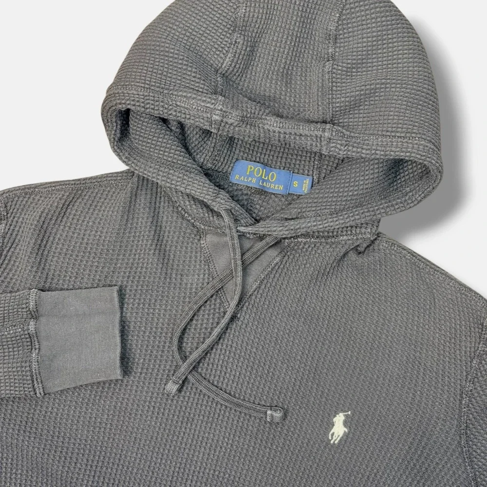 Polo Ralph Lauren Hoodie Men S Black Faded Waffle Knit Lightweight Pullover Gym